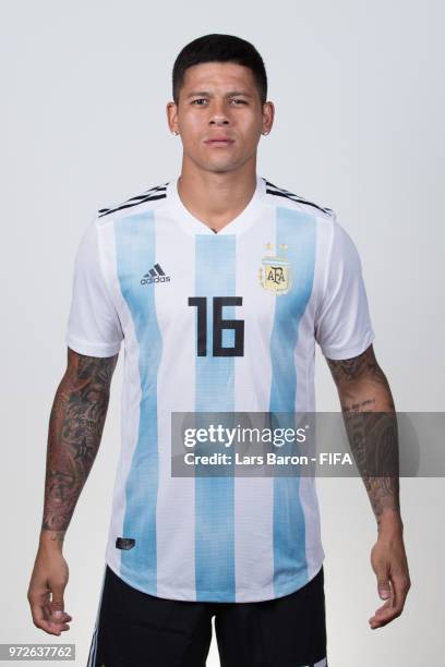 Marcos Rojo of Argentina poses for a portrait during the official FIFA World Cup 2018 portrait session on June 12, 2018 in Moscow, Russia.