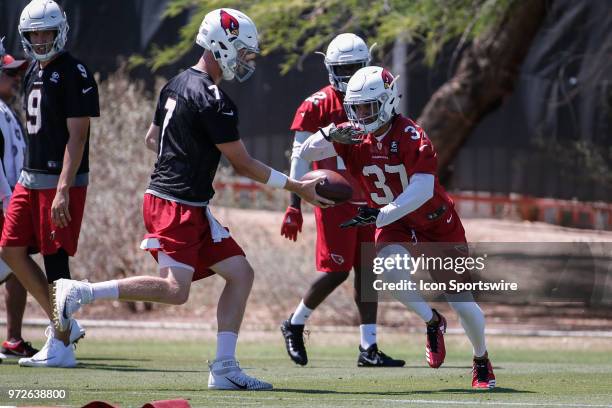 Arizona Cardinals quarterback Mike Glennon hands the ball to Arizona Cardinals running back D.J. Foster during the Arizona Cardinals Miniicamp on Jun...