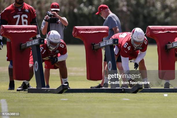 Arizona Cardinals defensive end Moubarak Djeri and Arizona Cardinals center Mason Cole set up to hit the blocking sled during the Arizona Cardinals...