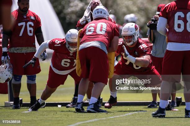 Arizona Cardinals defensive end Moubarak Djeri and Arizona Cardinals center Evan Boehm block during a drill at the Arizona Cardinals Miniicamp on Jun...