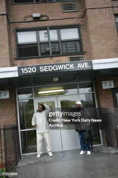 Clive Campbell and Grandmiixer DXT, Grammy Award winner stand in front of 1520 Sedgwick Avenue Building after Congressman Jose Serrano, Senator...