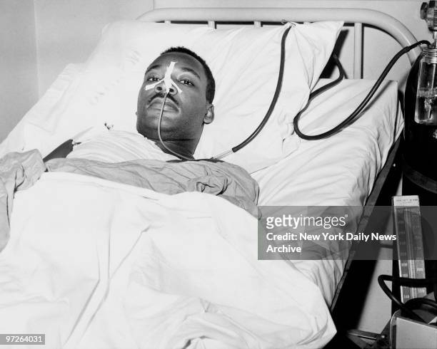 Close up of the Rev Martin Luther King Jr at Harlem Hospital after he was stabbed on September 20, 1958.