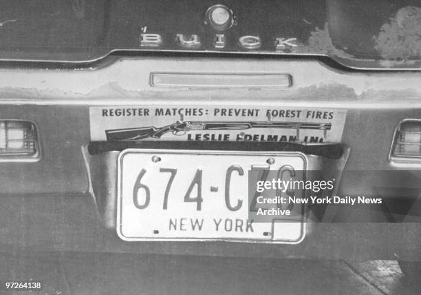 The license plate of the brown 1968 Buick Skylark, belonging to Robert Violante, who was shot, along with his companion, Stacy Moskowitz, as they sat...