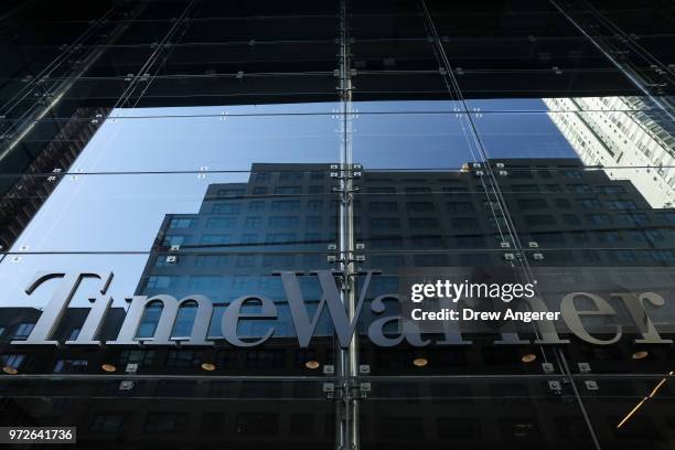 View of the Time Warner Center, June 12, 2018 in New York City. A federal judge today said that AT&T can move forward with its $85 billion...