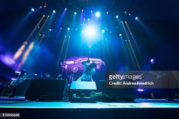 Tsuzumi Oka, Fred Durst, and Wes Borland of Limp Bizkit perform live on stage during a concert at Max Schmeling Halle Berlin on June 12, 2018 in...