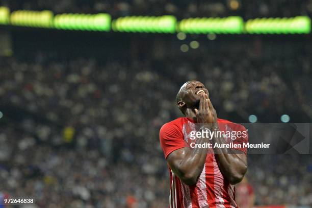 Usain Bolt of FIFA 98 reacts during the friendly match between France 98 and FIFA 98 at U Arena on June 12, 2018 in Nanterre, France.