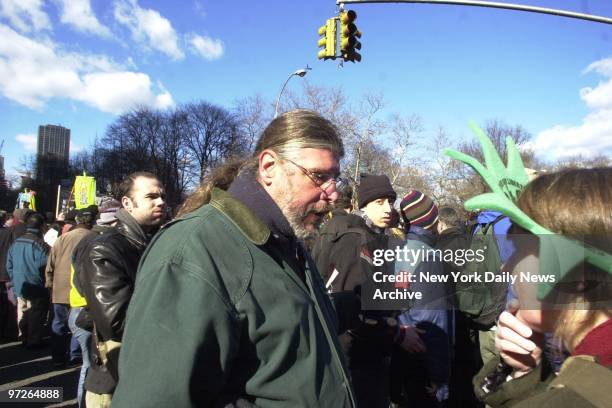 Lawyer Ron Kuby speaks with protest organizers during a rally against the World Economic Forum at Columbus Circle on Central Park West. The...