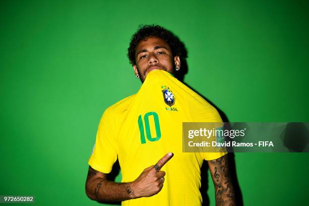 Neymar Jr of Brazil poses during the official FIFA World Cup 2018 portrait session at the Brazil Team Camp on June 12, 2018 in Sochi, Russia.