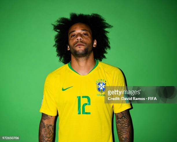 Marcelo Vieira of Brazil poses during the official FIFA World Cup 2018 portrait session at the Brazil Team Camp on June 12, 2018 in Sochi, Russia.