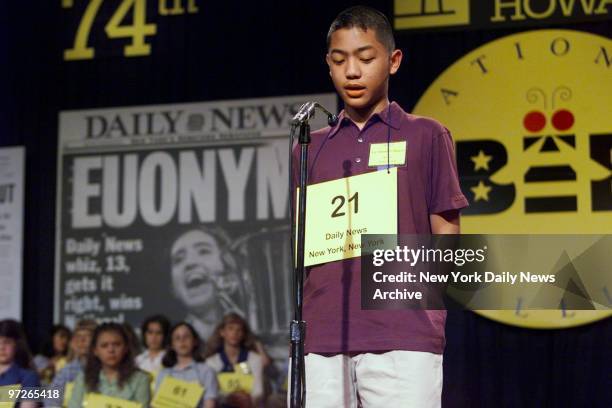 Lee Anthony Germino an eighth-grader at St. Ignatius Loyola on the upper East Side, spells his first-round word correctly at the National Spelling...