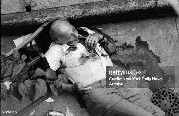 Body of Carmine Galante lies in backyard of restaurant on Knickerbocker Ave. Galante and associate Nino Coppolla were killed with a burst of machine...