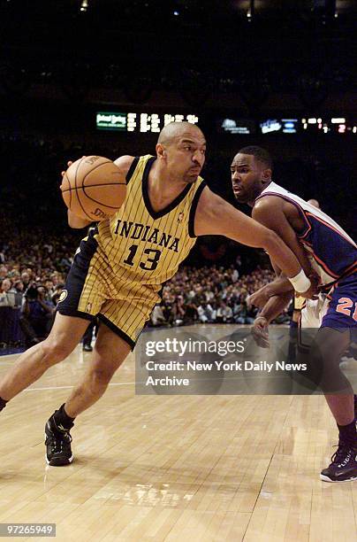 Indiana Pacers' Mark Jackson drives past New York Knicks' Charlie Ward in Game 6 of the Eastern Conference finals at Madison Square Garden.