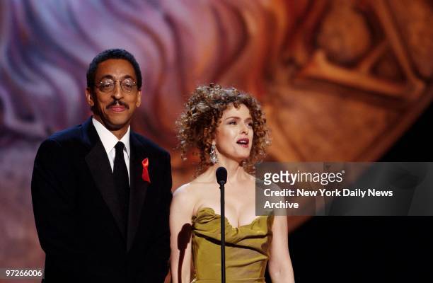 Co-hosts Gregory Hines and Bernadette Peters on stage at the 56th annual Tony Awards at Radio City Music Hall.
