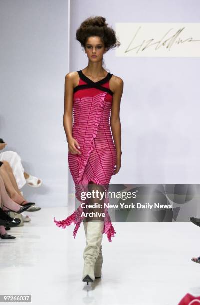 Model shows off an outfit from the new Liz Collins collection during show at the Metropolitan Pavilion on W. 18th St. As part of Spring Fashion Week...