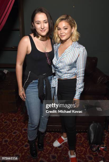 Zelda Williams and Olivia Holt attend Nintendo's 2018 Super Smash Bros. Invitational at Belasco Theatre on June 12, 2018 in Los Angeles, California.