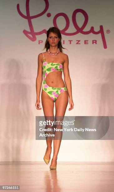 Model sports a colorful outfit from the new Lilly Pulitzer collection during show at the New York Public Library's Celeste Bartos Forum as part of...
