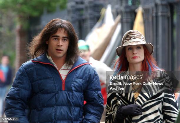 Colin Farrell and Robin Wright Penn during filming of "A Home at the End of the World" at Abe Lebewohl Park in the East Village. Farrell wears a...