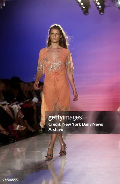 Model wears a diaphanous dress from British designer Matthew Williamson's spring 2005 collection during a show at Splashlight Studios on W. 35th St....