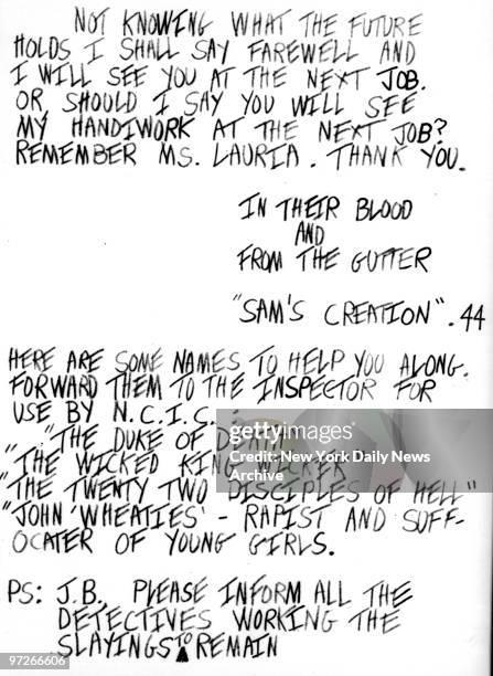 Letter written to Daily News Reporter Columnist Jimmy Breslin by Son of Sam, .44 Caliber shooting suspect David Berkowitz.