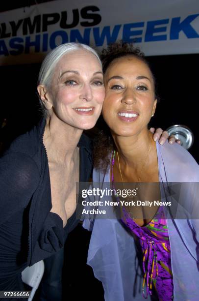 Modeling legends Carmen Dell'Orefice and Pat Cleveland get together during the Fashion for Relief runway show at the tents in Bryant Park on the last...