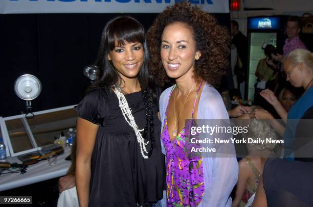 Modeling legends Veronica Webb and Pat Cleveland get together during the Fashion for Relief runway show at the tents in Bryant Park on the last day...