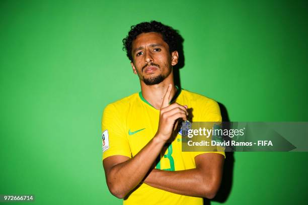 Marquinhos of Brazil poses during the official FIFA World Cup 2018 portrait session at the Brazil Team Camp on June 12, 2018 in Sochi, Russia.