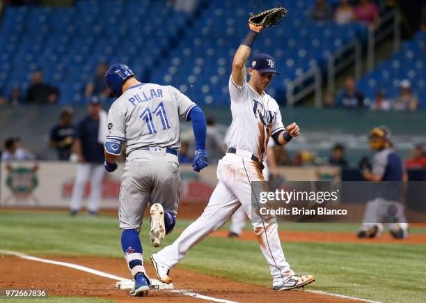 First baseman Jake Bauers of the Tampa Bay Rays gets the out at first base on Kevin Pillar of the Toronto Blue Jays after during the second inning of...