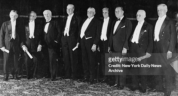 Industrialist at Hotel Astor for a dinner for Pioneers of American Industries. From left: Harvey Firestone, Julius Rosenwald, Thomas Edison, Thomas...