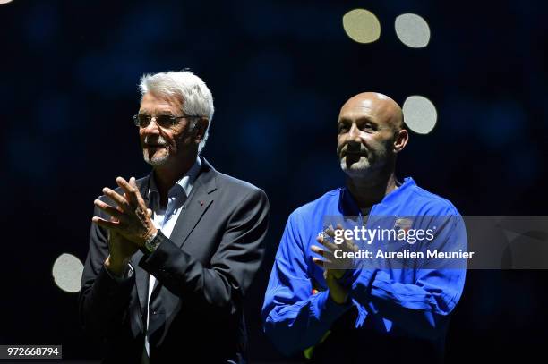 Aime Jacquet and Fabien Barthez of France 98 react during the players presentation before the friendly match between France 98 and FIFA 98 at U Arena...