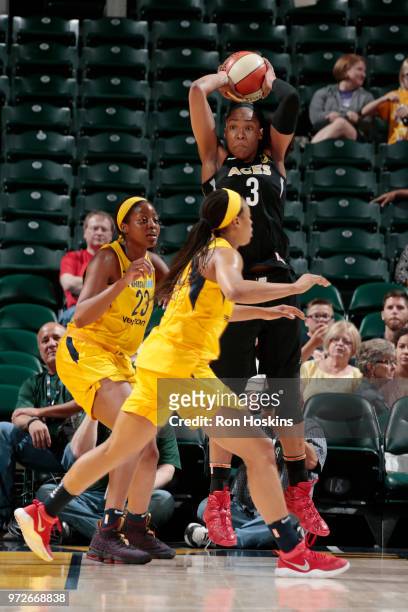 Center Kelsey Bone of the Las Vegas Aces passes the ball during the game against the Indiana Fever on June 12, 2018 at Bankers Life Fieldhouse in...