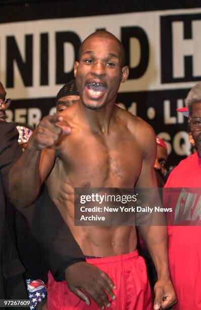 Boxer Bernard Hopkins of Philadelphia weighs in at 157 lbs. At Madison Square Garden, one night before fighting Felix Trinidad of Puerto Rico for the...