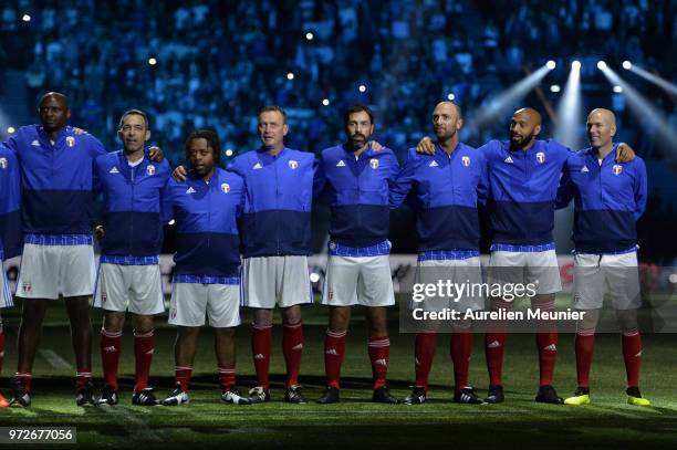 France 98 react during the players presentation before the friendly match between France 98 and FIFA 98 at U Arena on June 12, 2018 in Nanterre,...