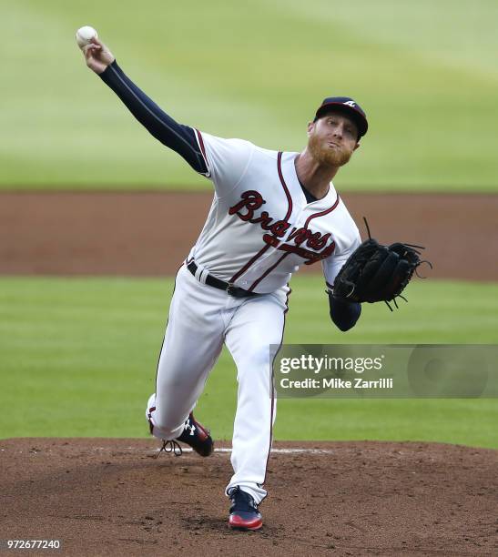 Pitcher Mike Foltynewicz of the Atlanta Braves throws a pitch in the first inning during the game against the New York Mets at SunTrust Park on June...