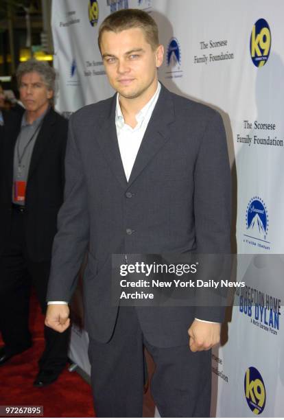 Leonardo DiCaprio arrives at the Ziegfeld Theatre for a screening of the biography film "No Direction Home: Bob Dylan."