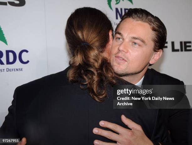 Leonardo DiCaprio greets Russell Crowe at the World Premiere NRDC Benefit of the movie "Body Of Lies" held in the Frederick P. Rose Hall home of Jazz...