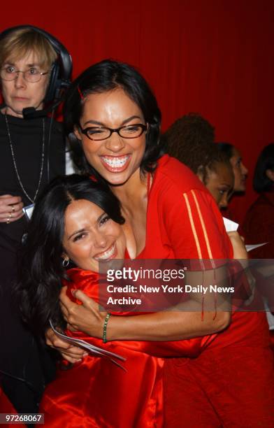 Salma Hayek and Rosario Dawson hug each other backstage at the Apollo Theatre on W. 125th St., where the actresses performed in V-Day Harlem 2002....