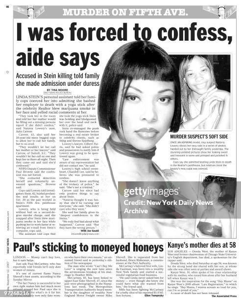 Inside page 8 of Daily News, Headline reads: I was forced to confess, aide says, story on Natavia Lowery, accused killer of Linda Stein