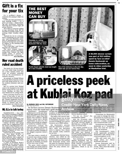 Inside page from Daily News November 26 headline: A Priceless peek at Kublai Koz Pad, story on the $6,000 gold shower curtain at ex-Tyco CEO Dennis...