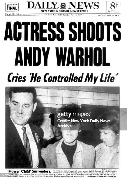 Daily News front page dated June 4 Headline: ACTRESS SHOOTS ANDY WARHOL, Cries 'He controlled my life', Detective and policewoman escort actress...