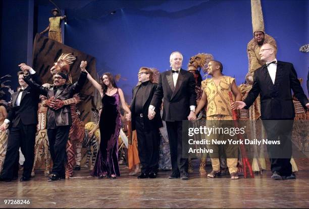 Finale of "The Lion King" at the New Amsterdam Theatre. Pictured are director Julie Taymor, Elton John and Tim Rice.