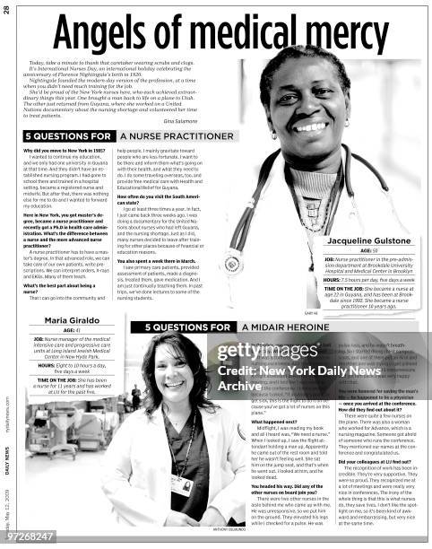 Inside page from Daily News of May 12 headline reads Angels of Medical Mercy for International Nurses Day, photos of Jacqueline Gulstone and Maria...