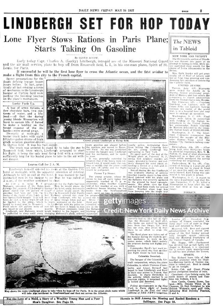 Inside page of the Daily News for May 20, 1927 paper depicti