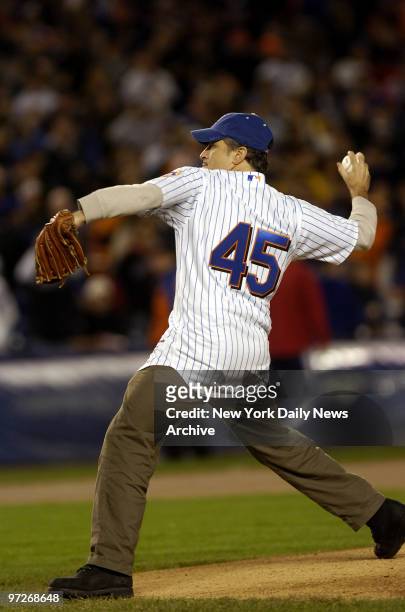Comedian Jon Stewart throws out the ceremonial first pitch before Game 2 of the National League Championship Series between the New York Mets and the...