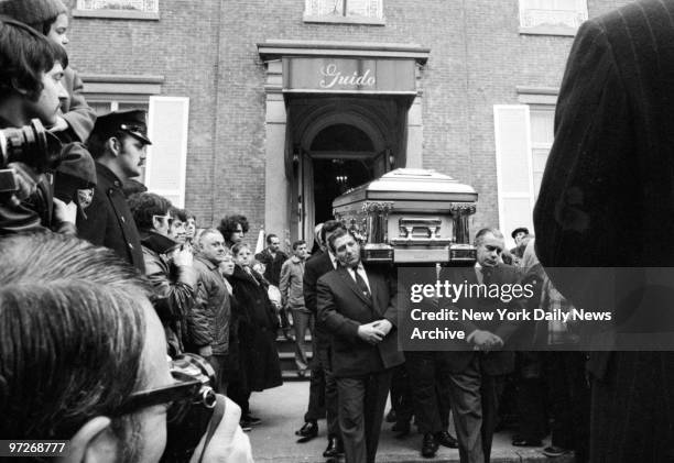 The casket containing legendary gangster Joey Gallo exits Guido's Funeral Home in his old neighborhood of Carroll Gardens, Brooklyn. Gallo was gunned...