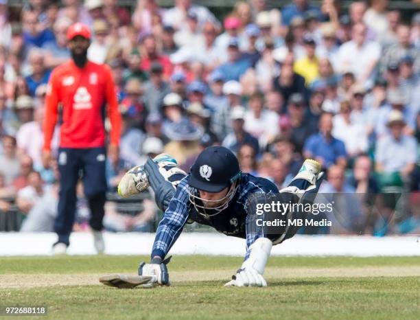 Close call for Dylan Budge during the first innings of the one-off ODI at the Grange Cricket Club on June 10, 2018 in Edinburgh, Scotland.