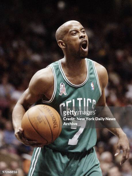 Boston Celtics' Kenny Anderson yells in frustration over a call during Game 2 of the Eastern Conference Finals against the New Jersey Nets. The...