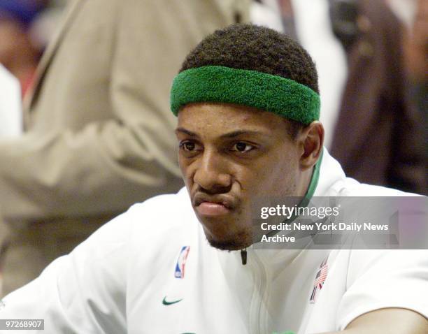 Boston Celtics' Paul Pierce puts on his game face prior to the start of Game 5 of the Eastern Conference finals against the New Jersey Nets at...