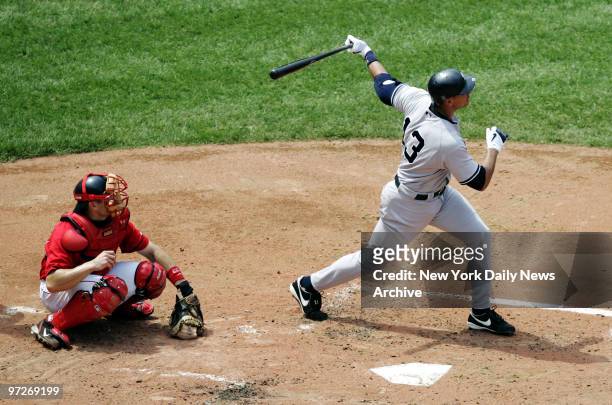 Boston Red Sox's catcher Jason Varitek looks on as New York Yankees' Alex Rodriguez hits a two-run homer to left field in the third inning of game at...