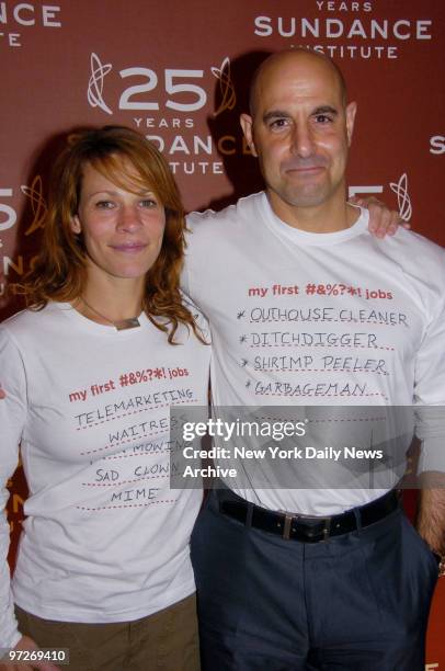 Lili Taylor and Stanley Tucci are at the Metropolitan Pavilion to celebrate the 25th anniversary of the Sundance Institute. The stars wore t-shirts...