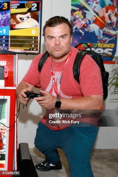 Jack Black visits the Nintendo booth during the 2018 E3 Gaming Convention at Los Angeles Convention Center on June 12, 2018 in Los Angeles,...